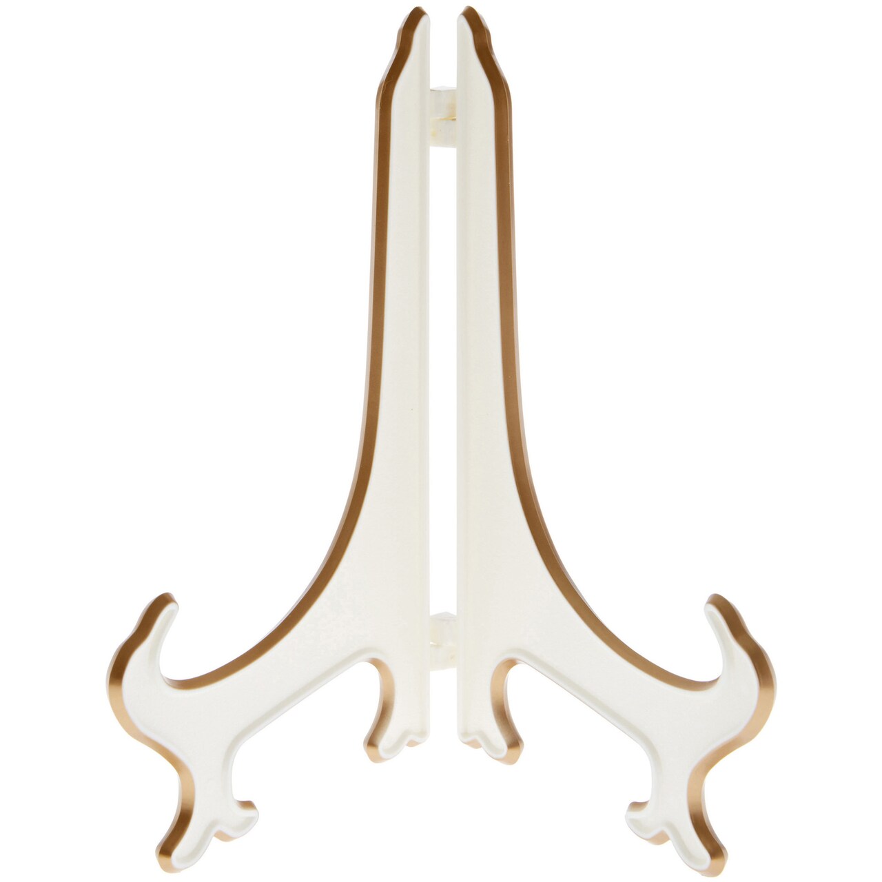 Bard's Hinged White and Gold Plastic Plate Stand, 9" H x 7" W x 6" D (For 9" - 10.5" Plates)